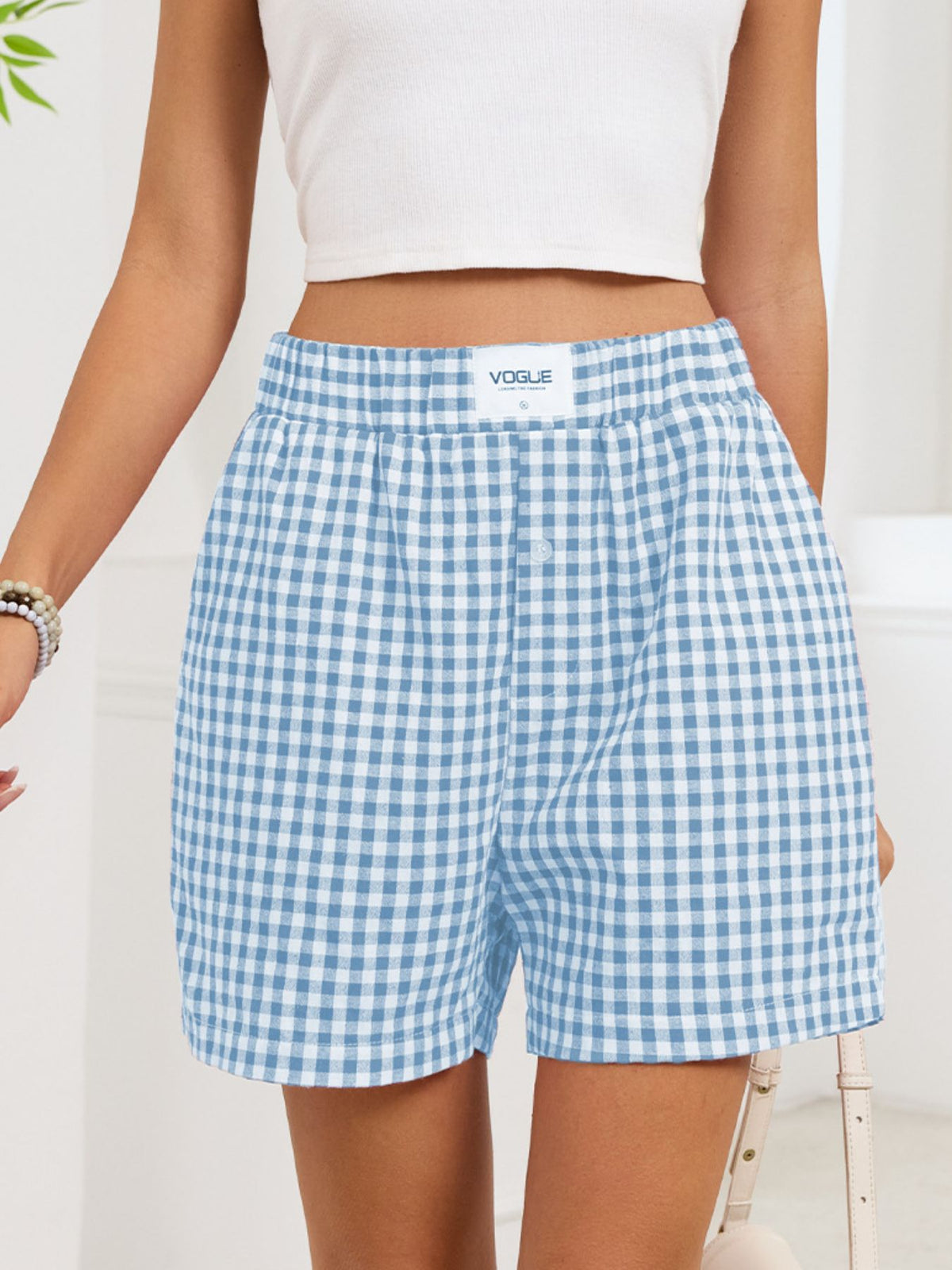 Gingham elastic waist shorts alternate three quarter view