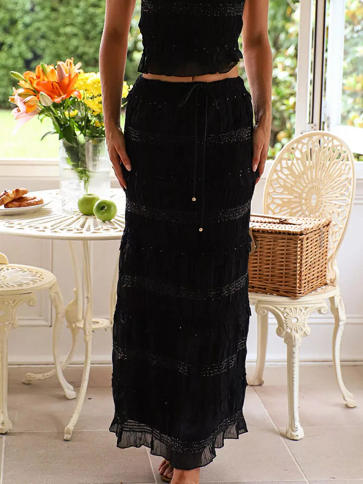 Two piece maxi skirt set styled with sandals
