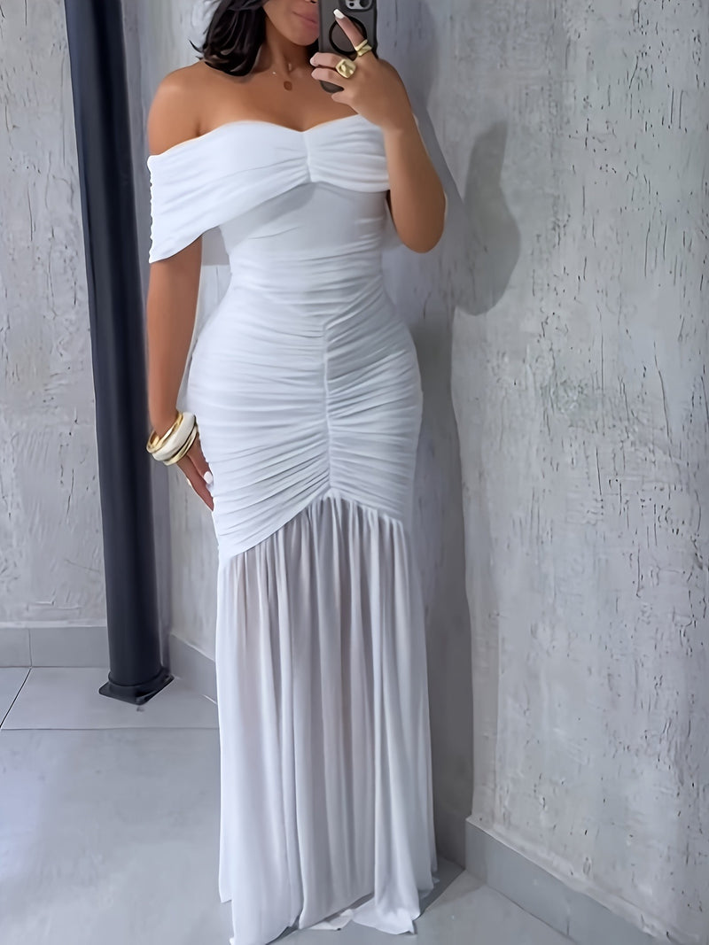off shoulder ruched bodycon maxi dress front view