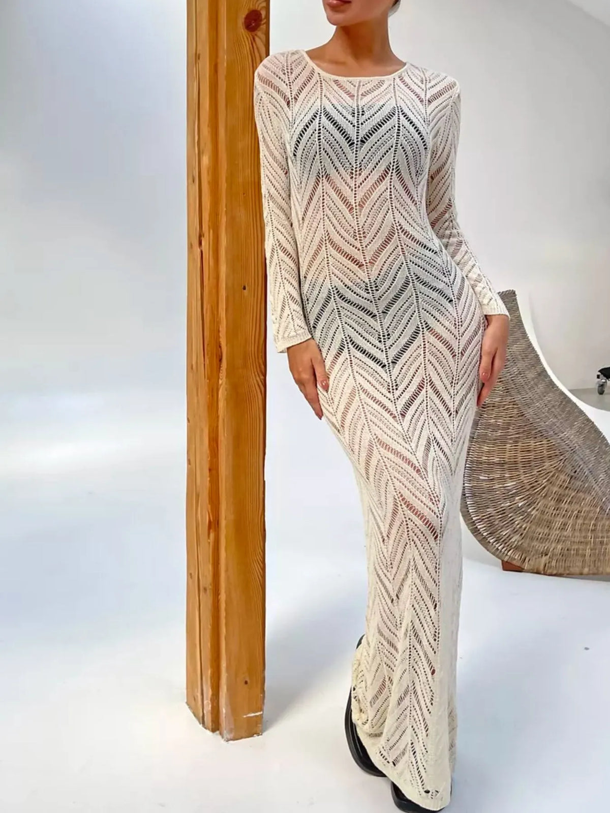 openwork knit long sleeve cover up maxi dress knit texture detail