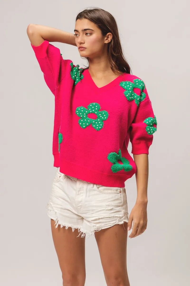 BiBi Pearl Beads Flowers Sweater Top - Fashorio