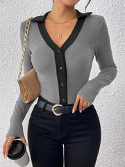 Perfee Contrast Trim Johnny Collar Long Sleeve Bodysuit Gray - Fashorio