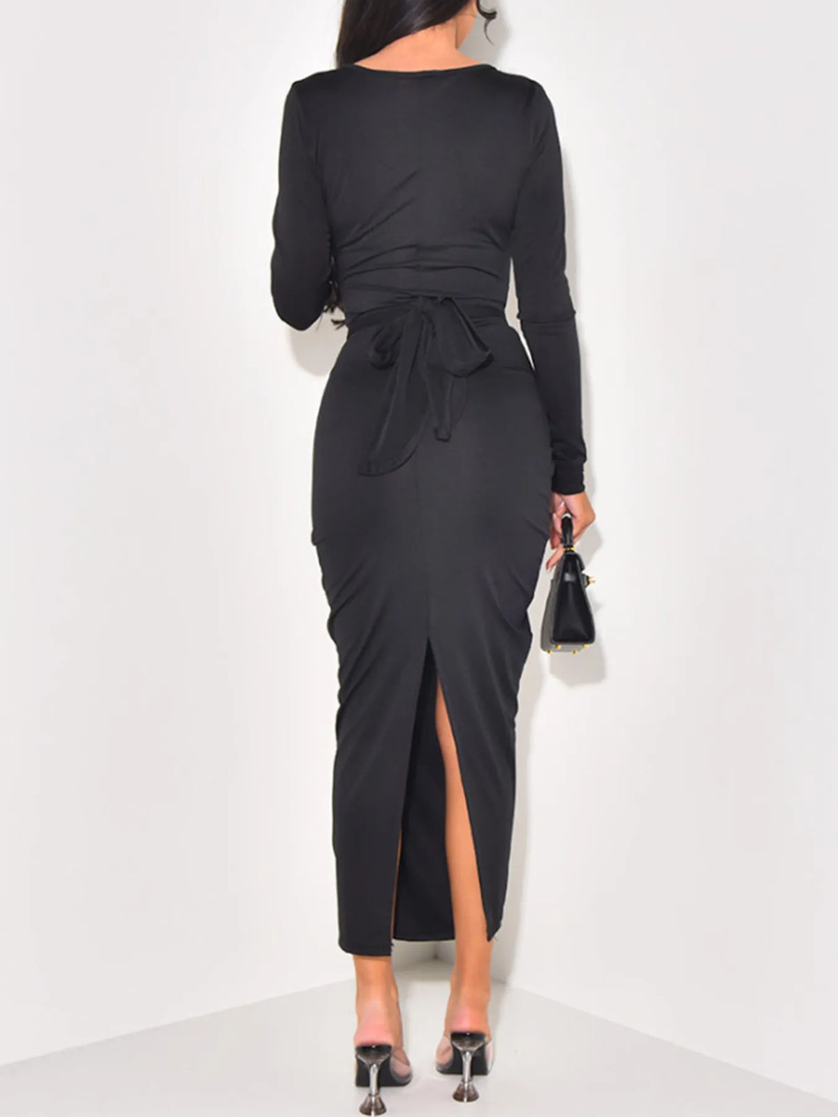 Long sleeve tie front bodycon maxi dress, fabric detail