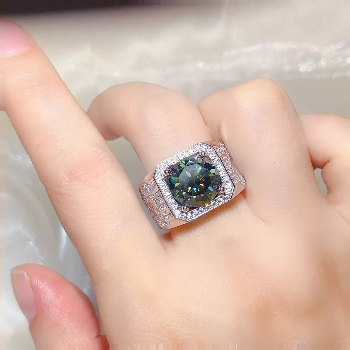 Starglow 5 carat green moissanite ring in sterling silver