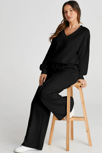 V-Neck Long Sleeve Top and Pants Active Set - Fashorio