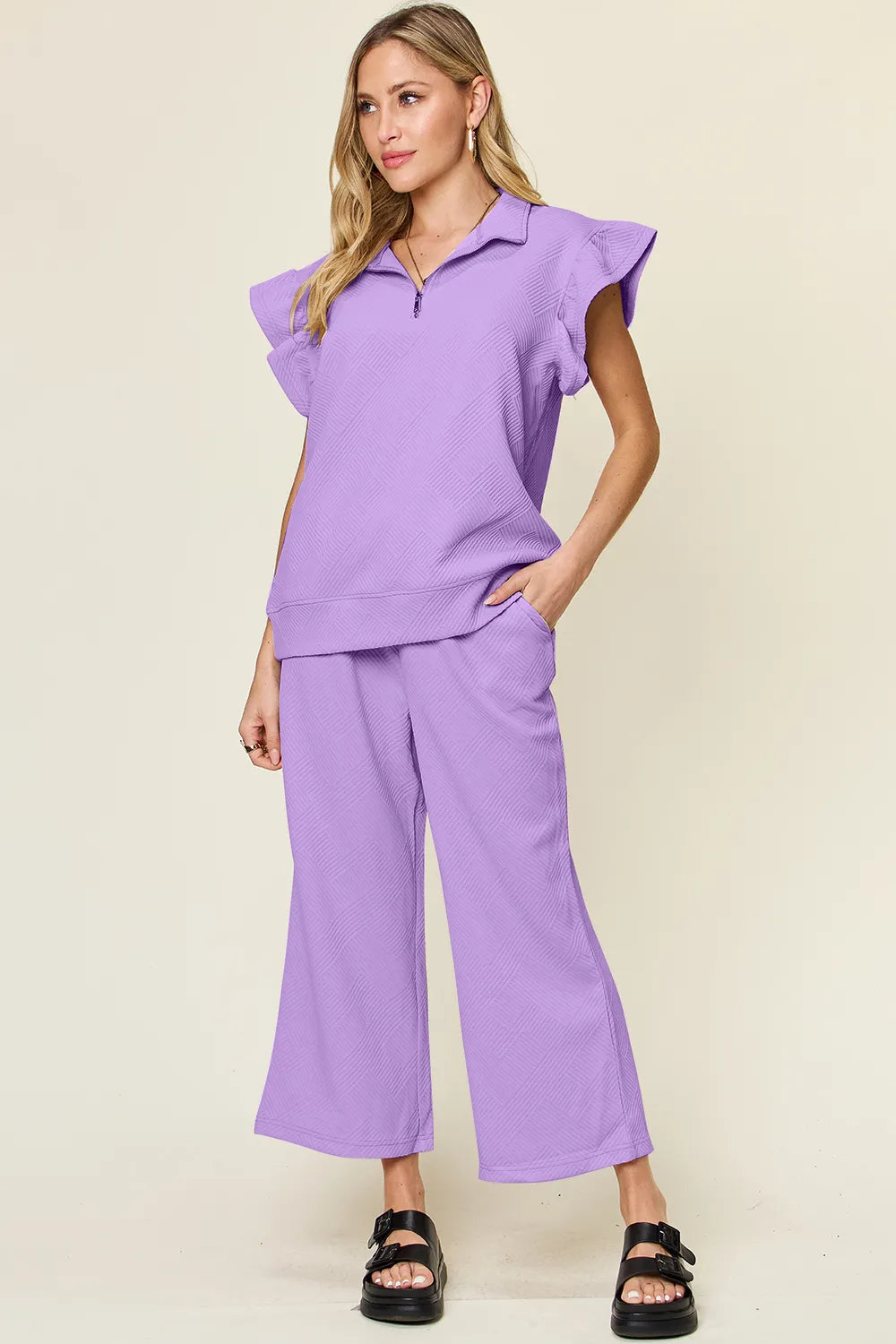 Double Take Ruffle Top and Wide Leg Pants Set, view 27