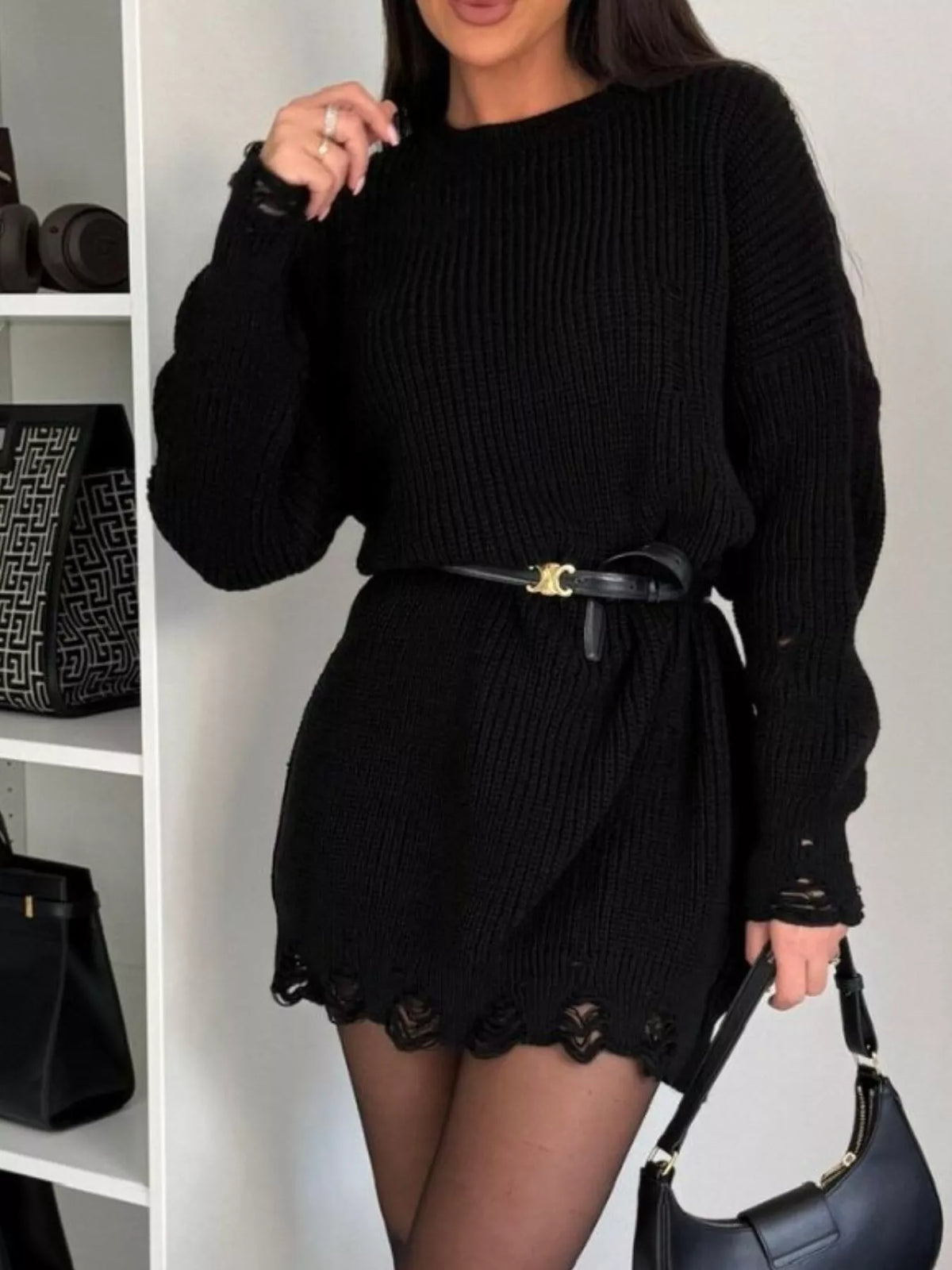 distressed drop shoulder sweater dress side view