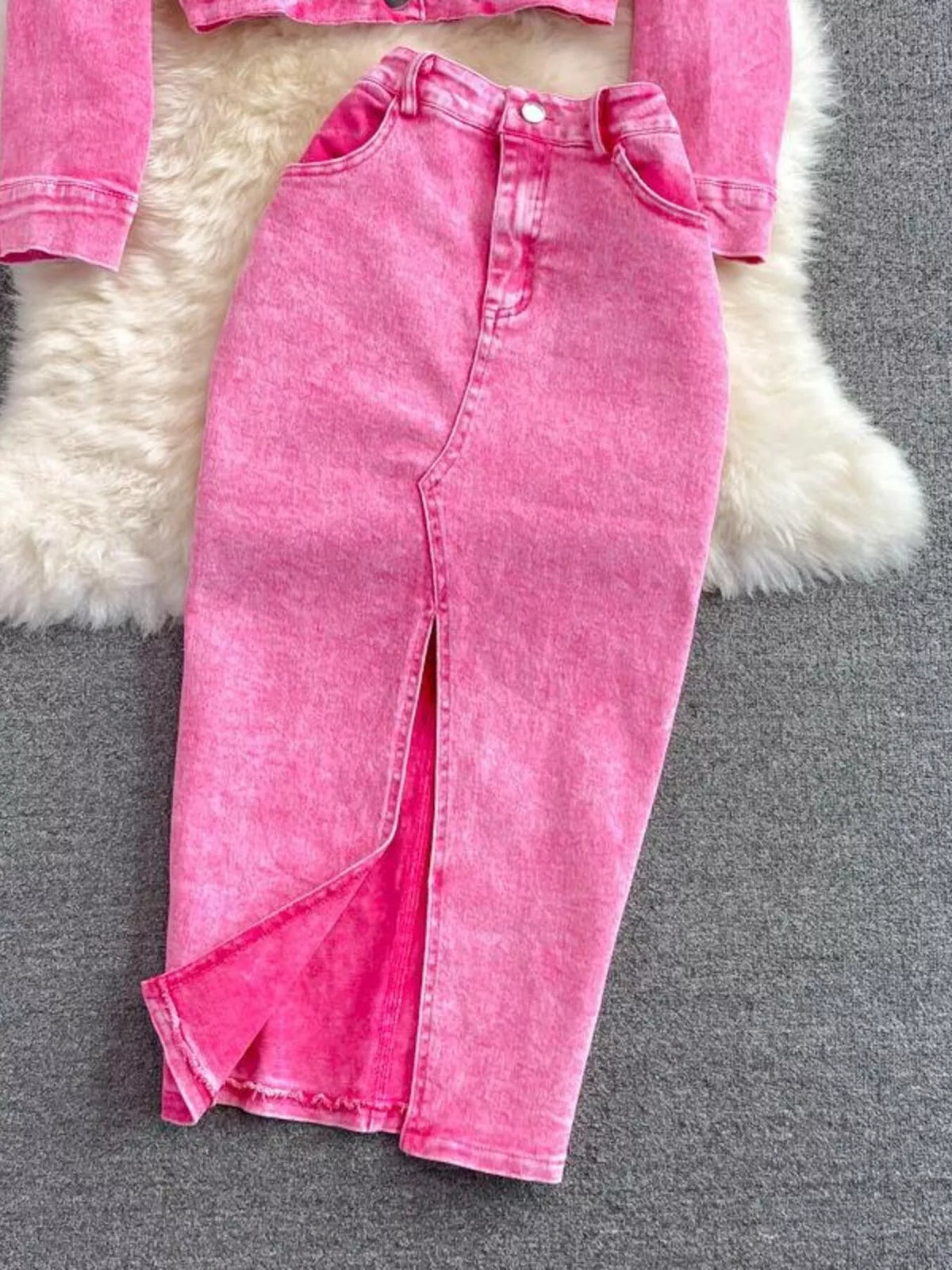 Pink slit skirt denim set back view