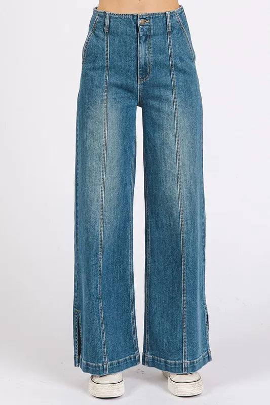Mittoshop Medium Wash Seam Detail Wide Leg Denim Jeans - Fashorio