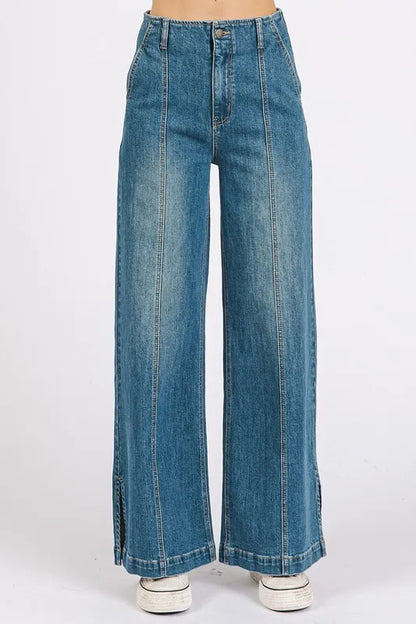 Mittoshop Medium Wash Seam Detail Wide Leg Denim Jeans - Fashorio