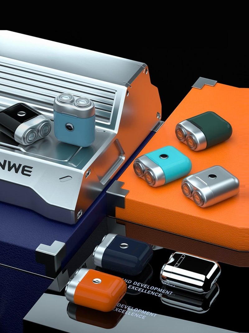 Blue mini portable electric shaver front view