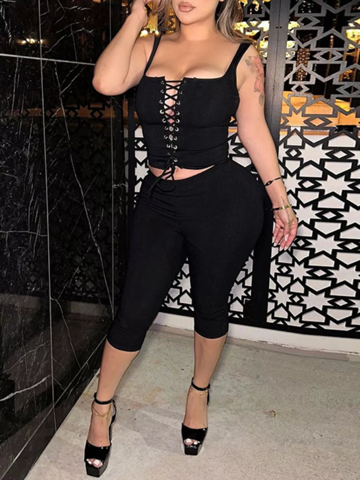 Lace Up Tank and Capri Two Piece Set, view 11