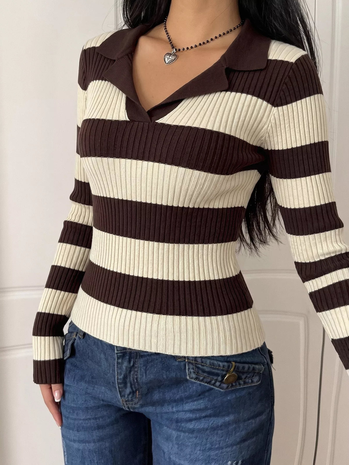 Striped Ribbed Long Sleeve Sweater side view