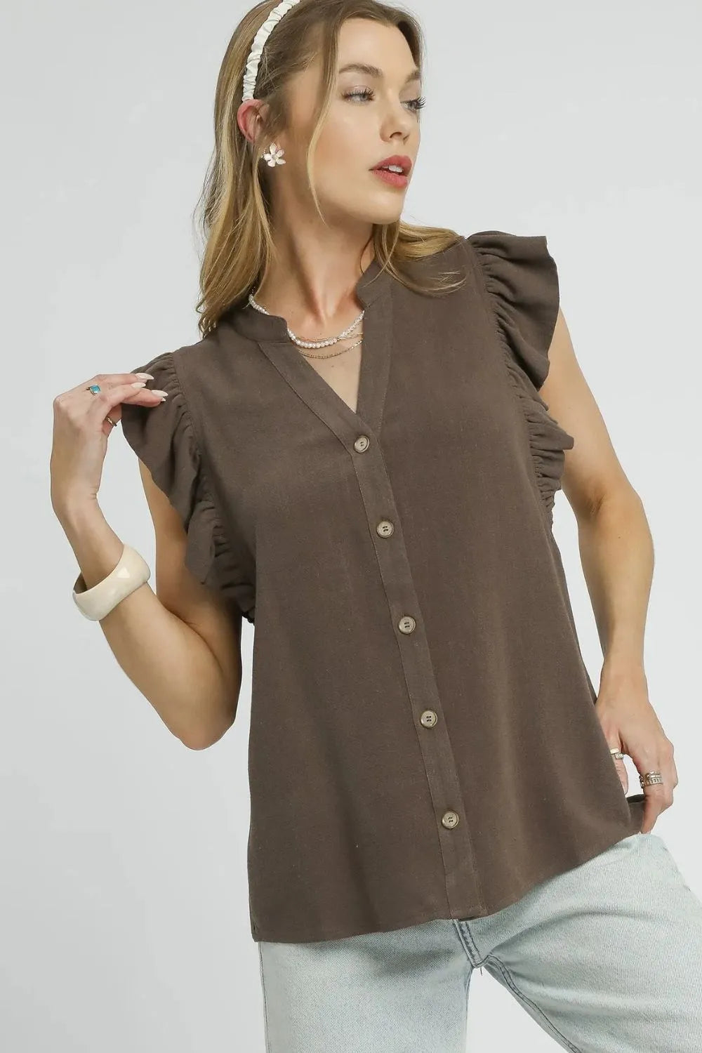 Umgee brown linen ruffle sleeve button down shirt front view