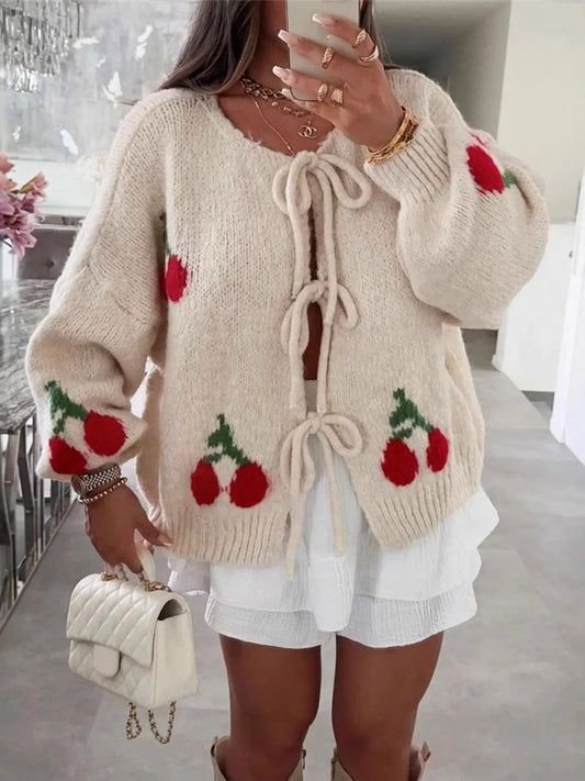 Cherry Pattern Tie-Front Oversized Cardigan - Fashorio