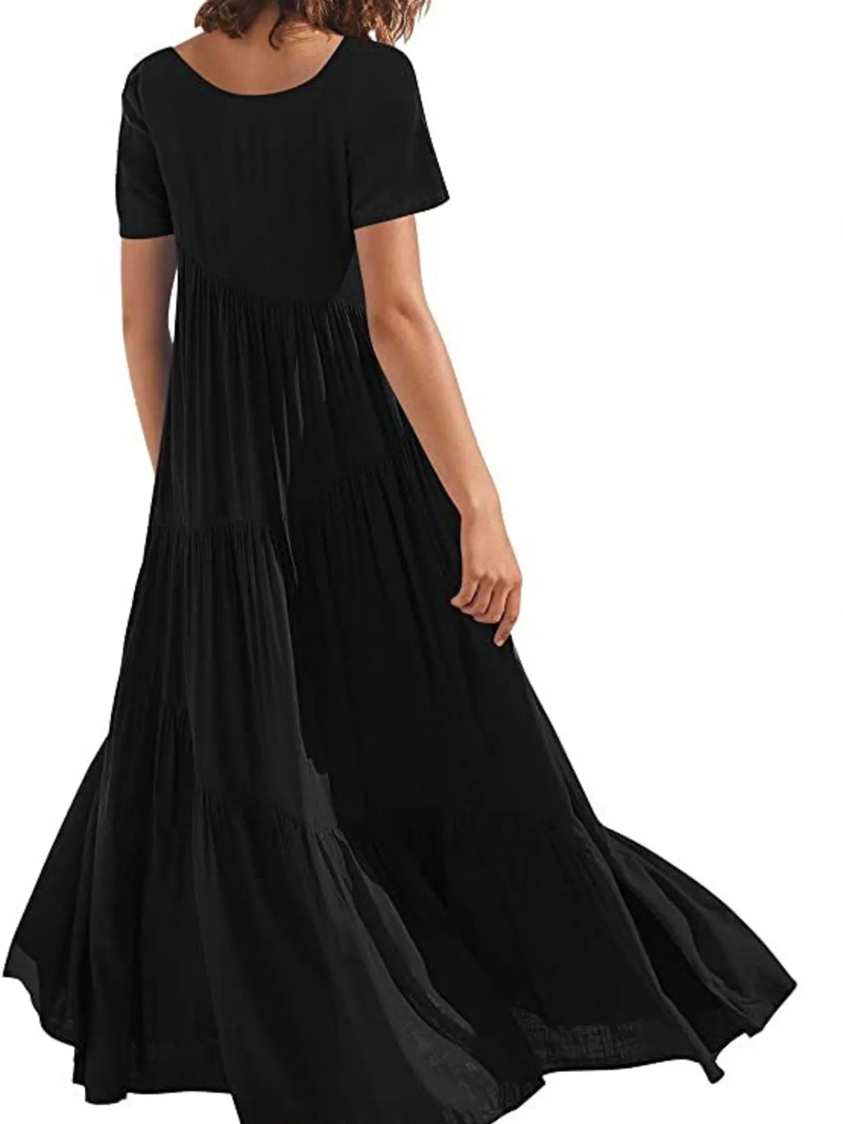 round neck tiered ruffle maxi dress editorial pose