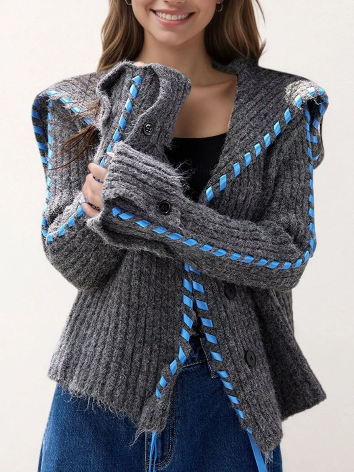 gray ribbed cable knit open front cardigan front view