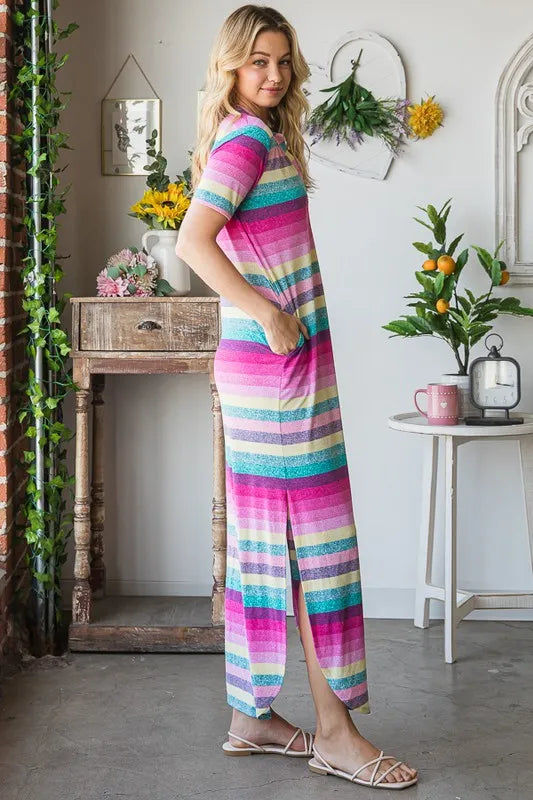 Striped Short Sleeve Maxi Tee Dress Plus Size, view 10