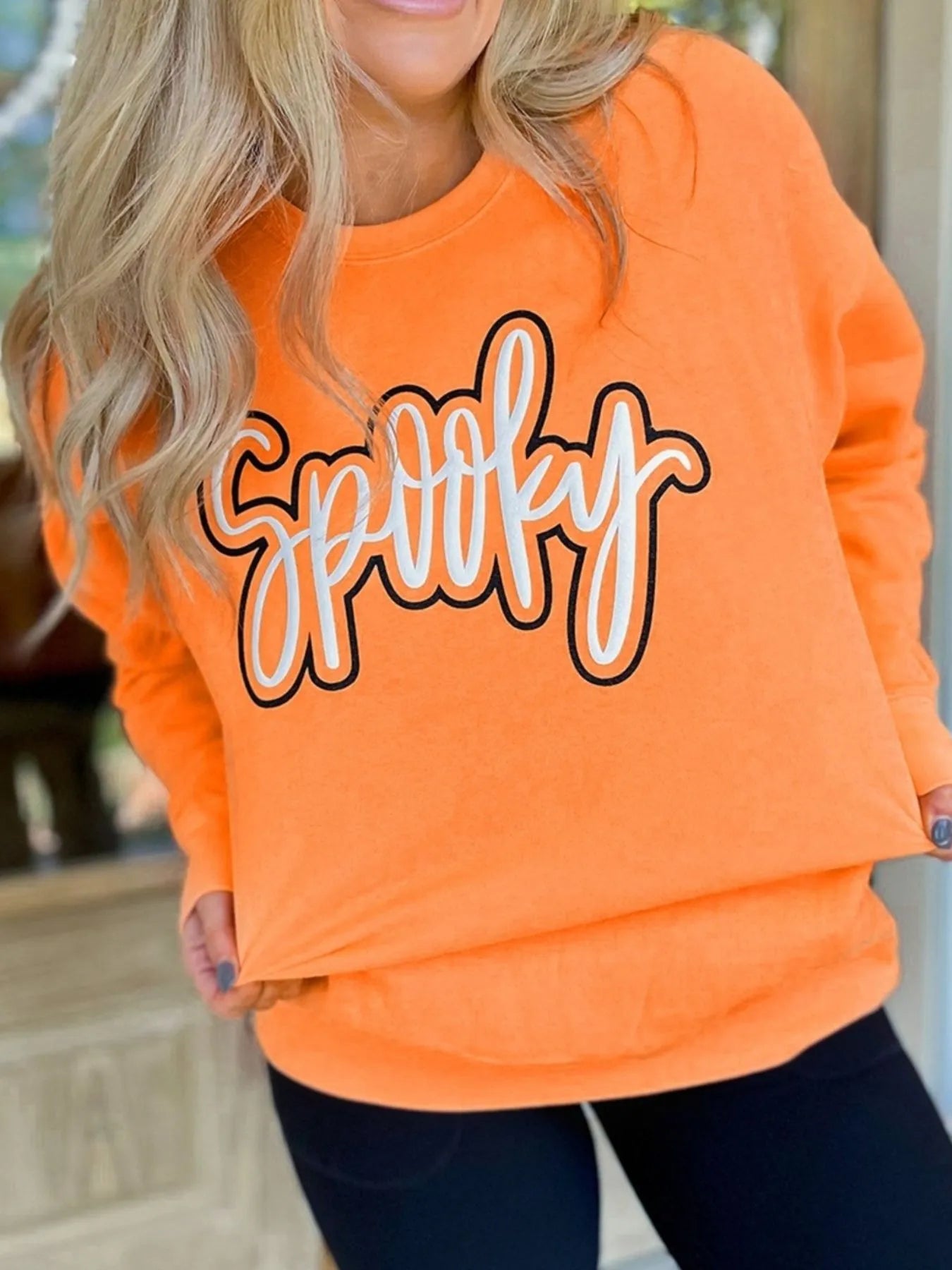 Spooky Round Neck Long Sleeve Sweatshirt - Fashorio