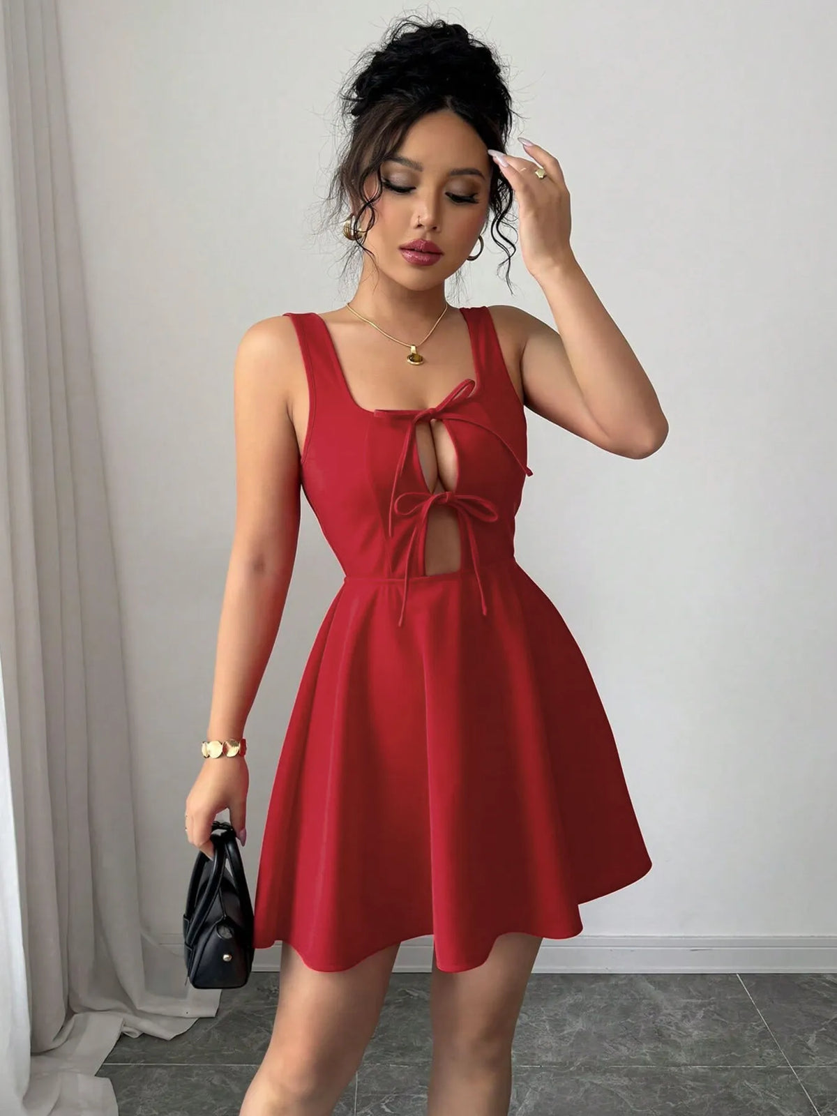 Red tie front wide strap dress detail view