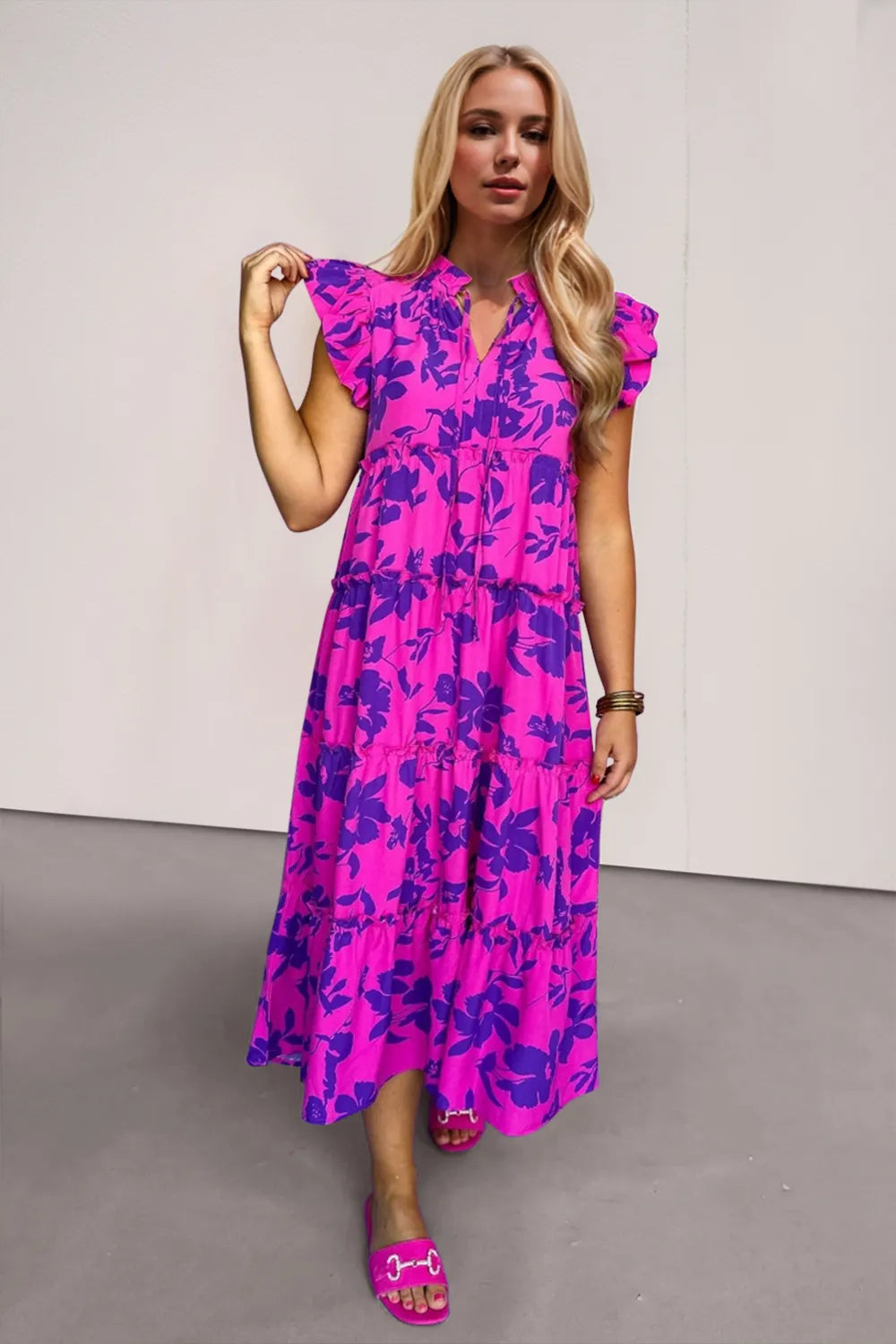 Notched neckline ruffle midi dress detail