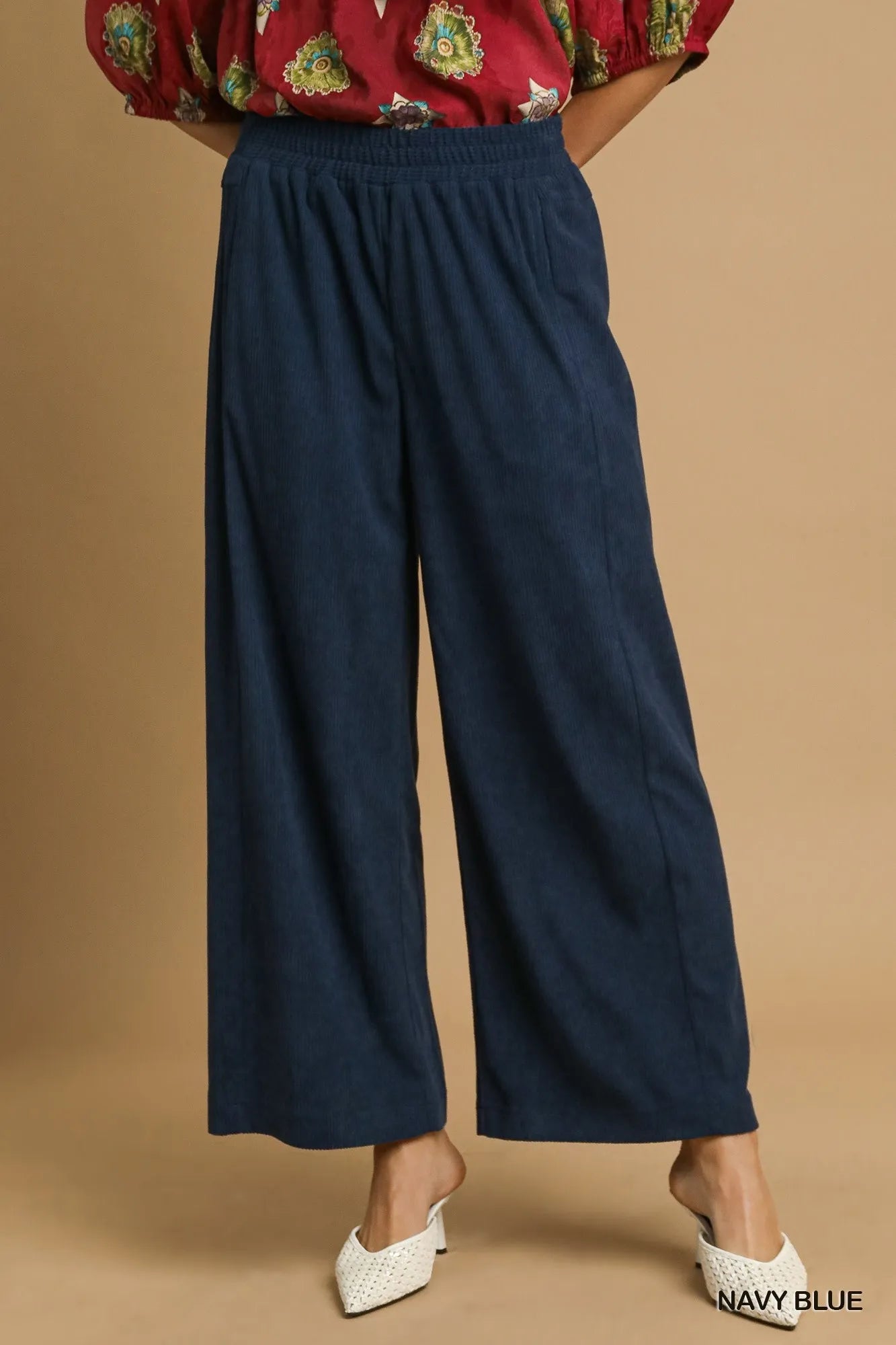 Umgee Wide-Leg Corduroy Pants NAVY BLUE - Fashorio