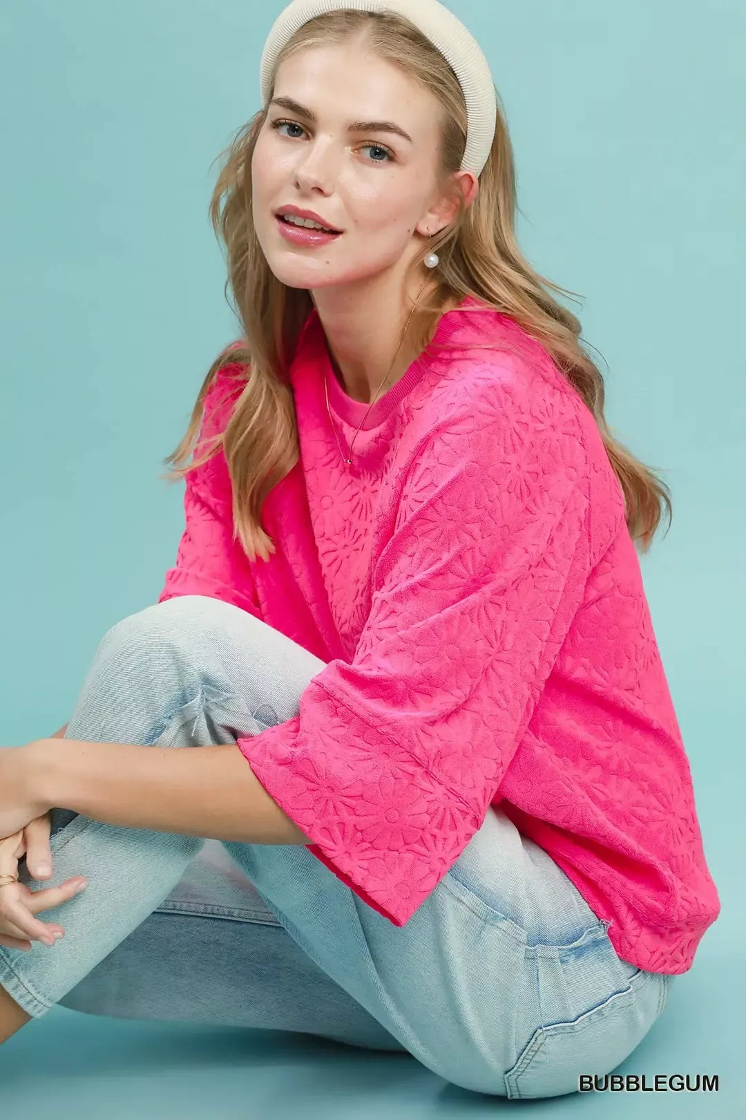 Pink floral terry round neck blouse full length view