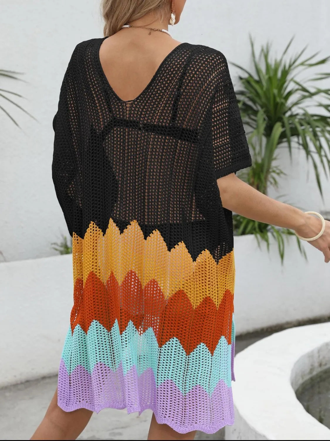 Openwork V-Neck Half Sleeve Cover-Up - Fashorio