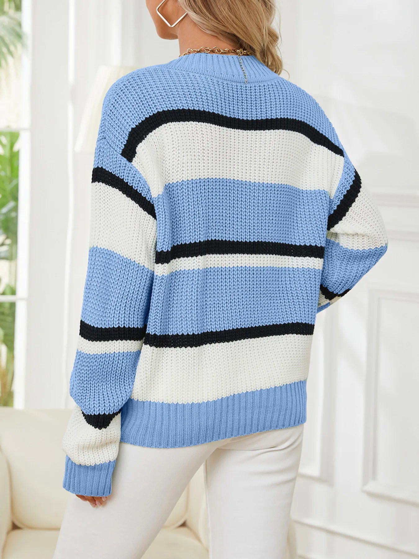 Striped V-Neck Color Block Sweater - Fashorio