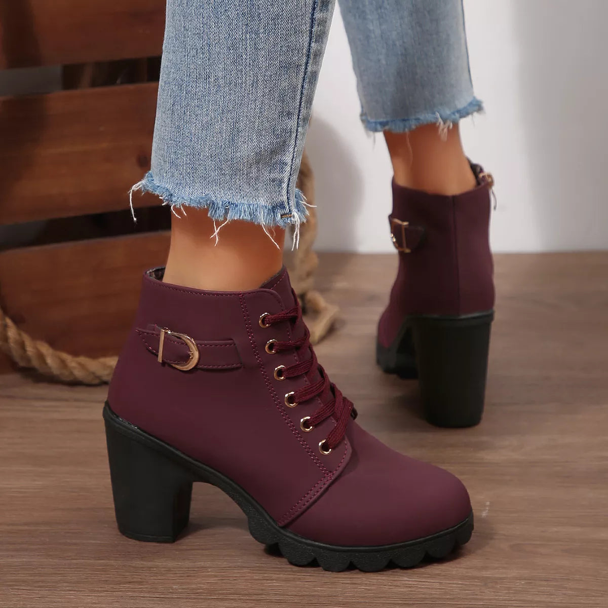 Lace up block heel suede boots side profile