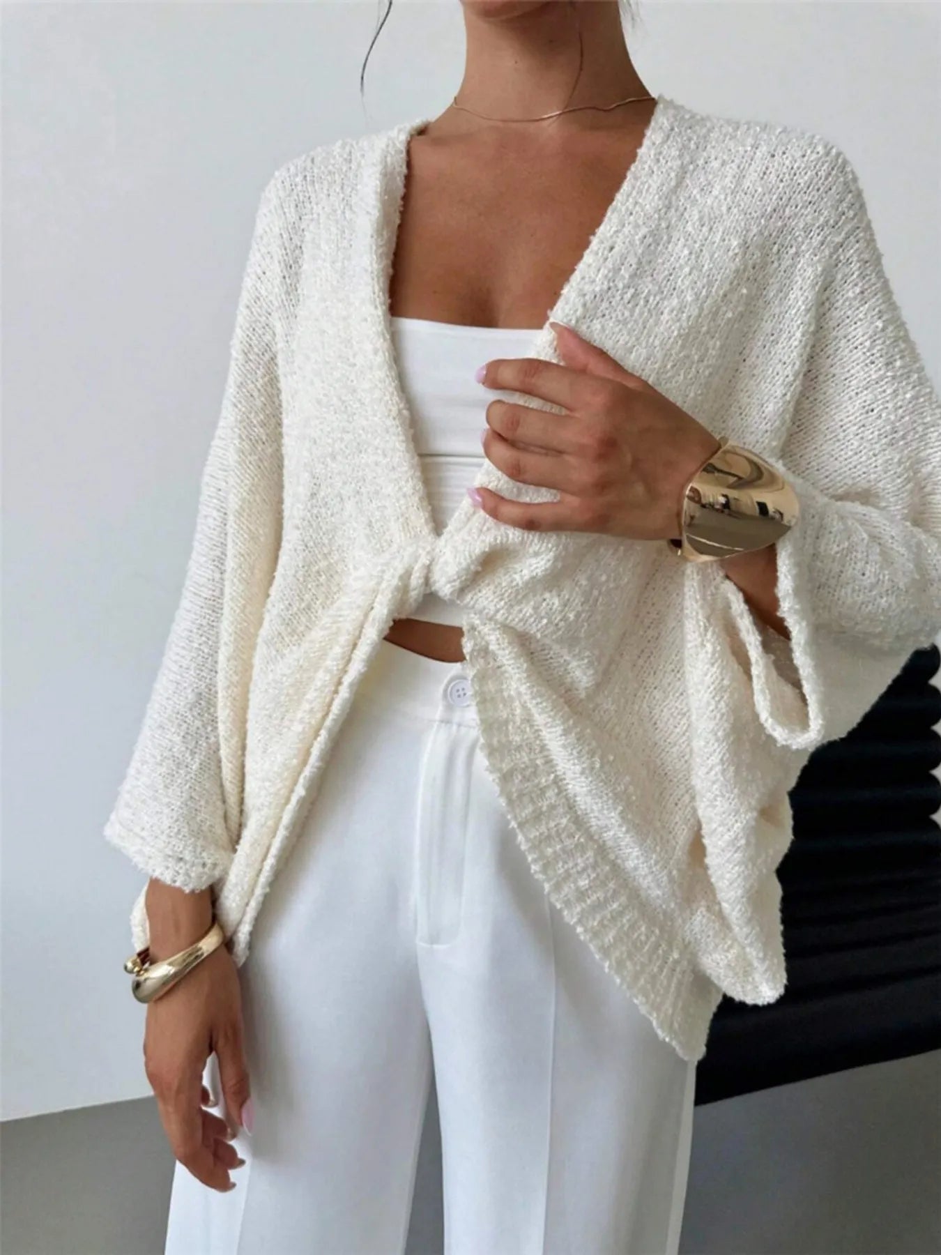 Twist-Front Textured Knit Cardigan - Fashorio