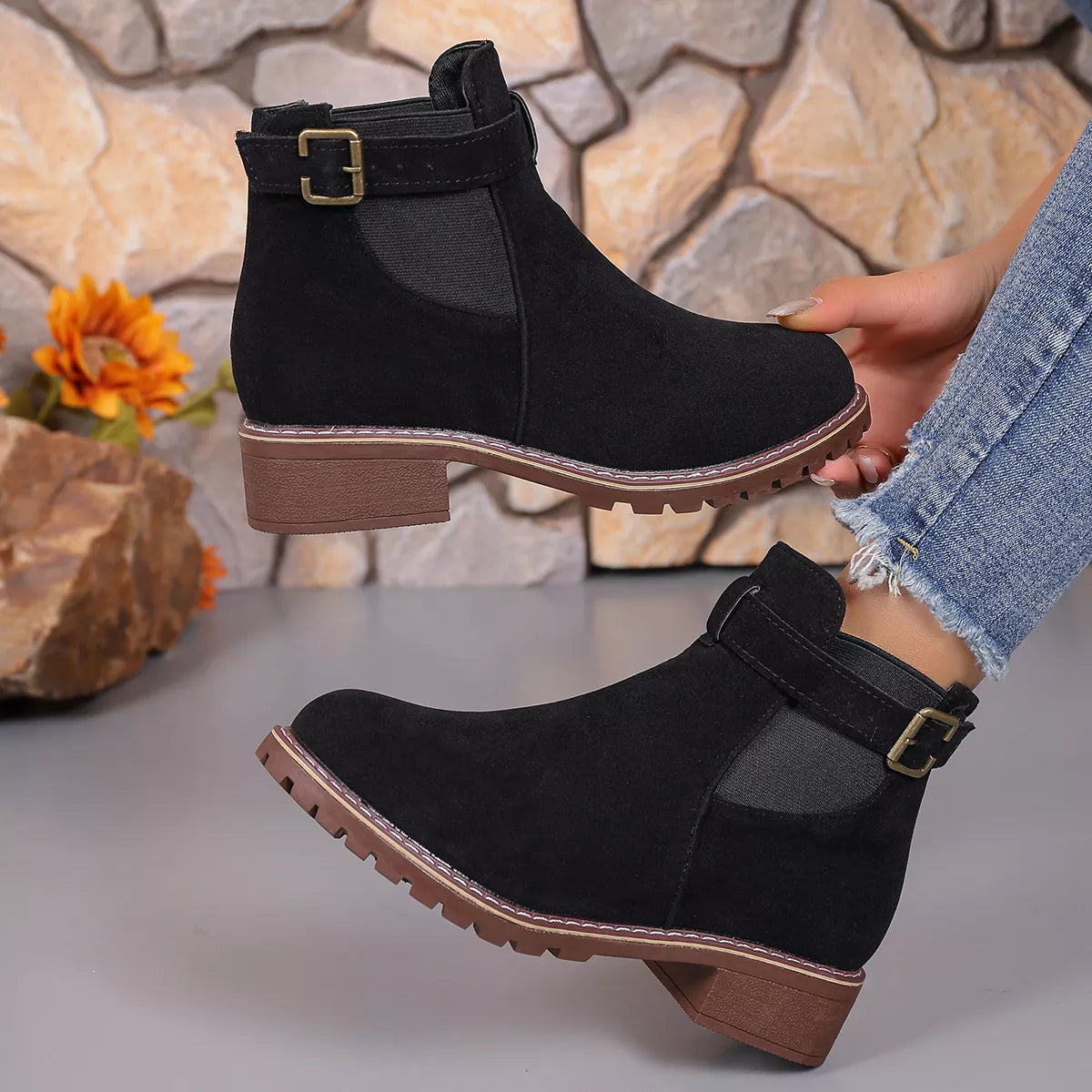 Round toe block heel boots front view