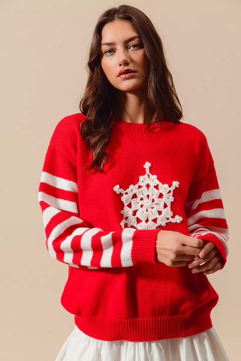 Snowflake Crochet Christmas Sweater in Red and Ivory view 8