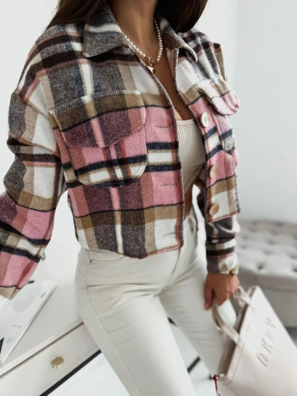 Plaid Collared Pocket Jacket in Pink