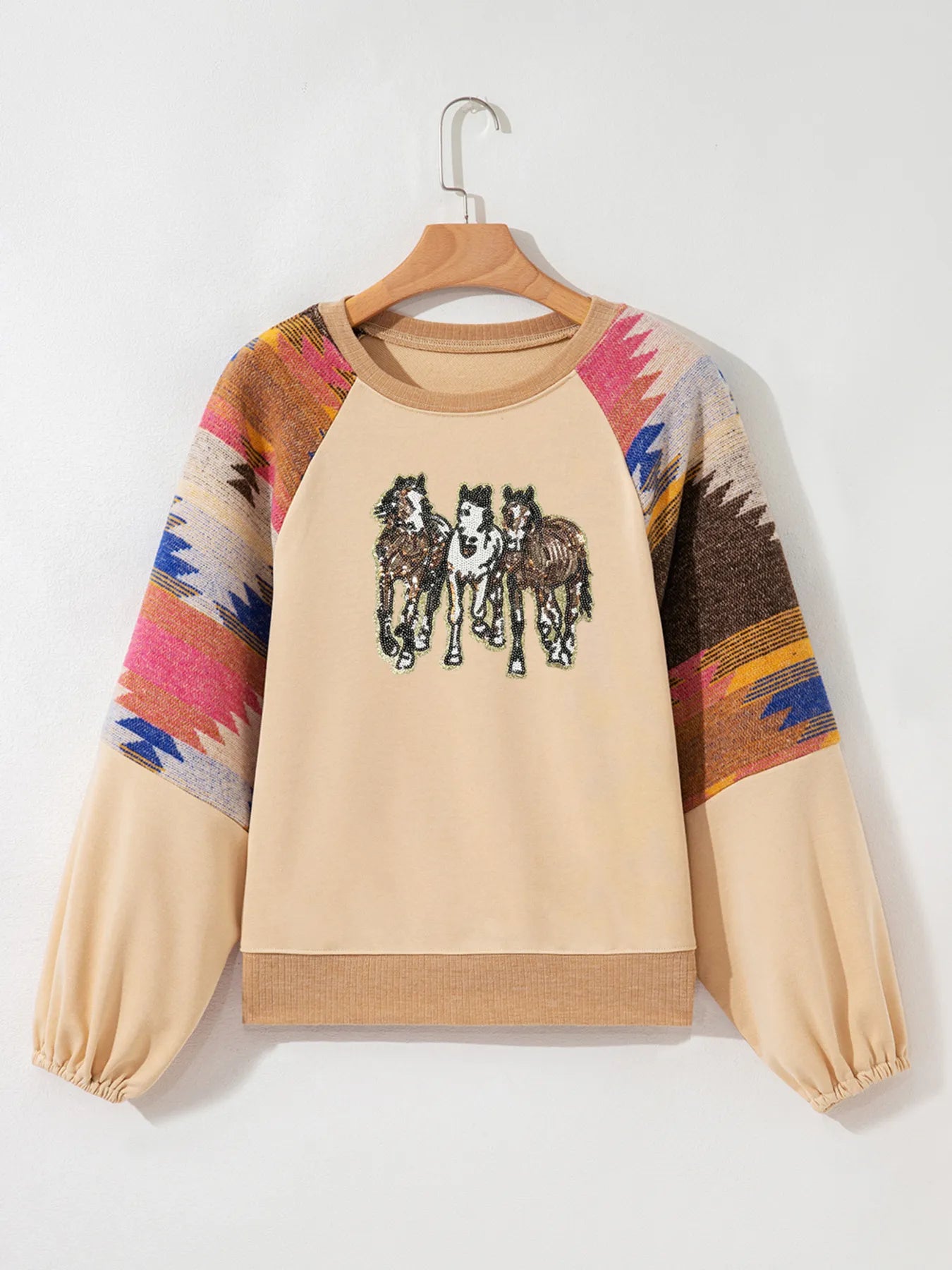 Sequined Western Horses Bubble Sleeve Sweatshirt - Fashorio