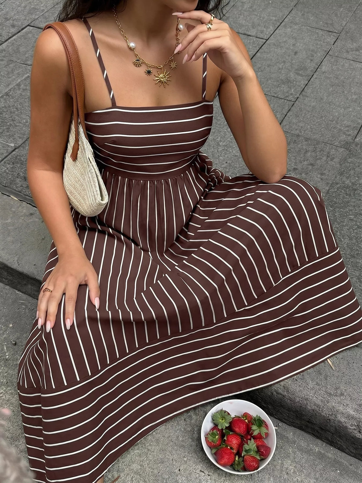 Striped maxi dress strap and shoulder detail