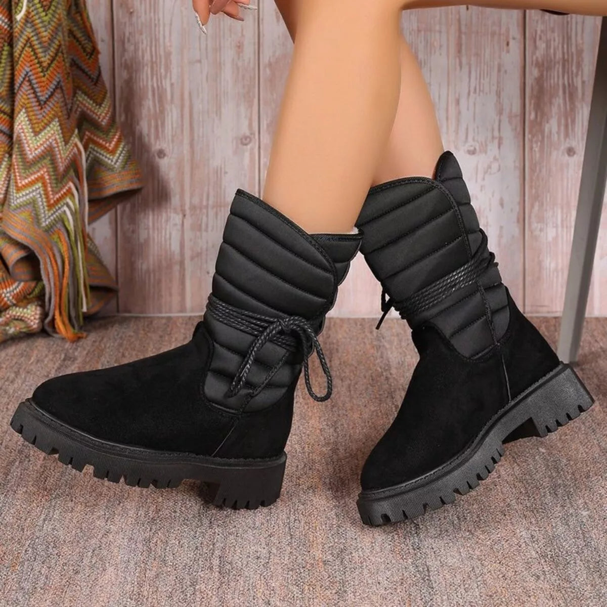 Quilted lace up mid calf boots styled on model