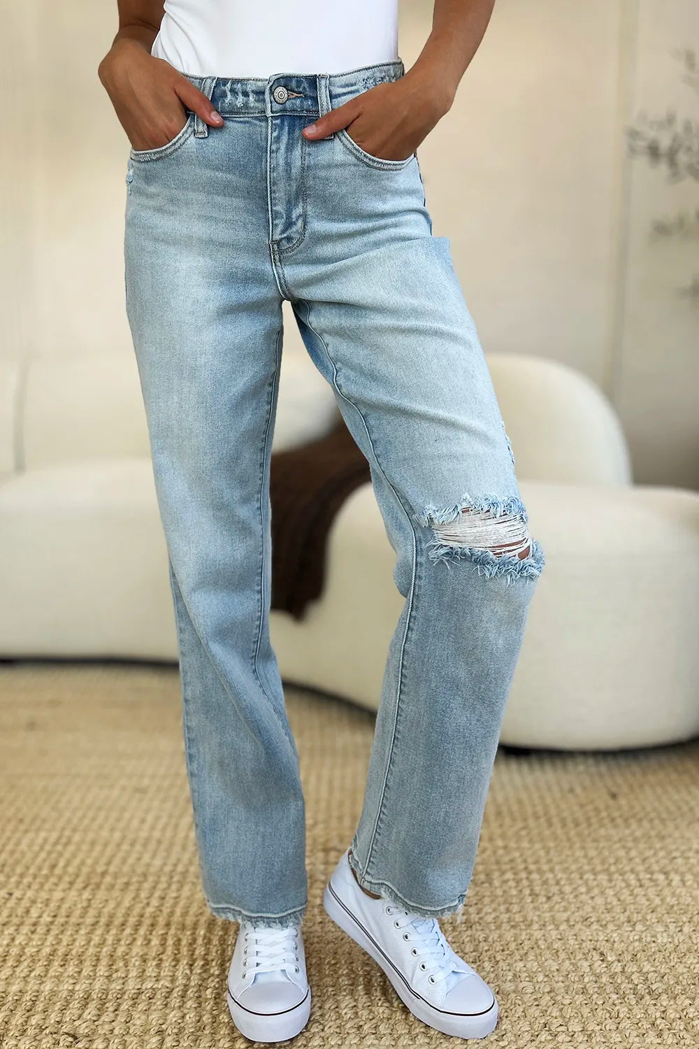 Judy Blue Full Size High Waist Distressed Straight Jeans - Fashorio