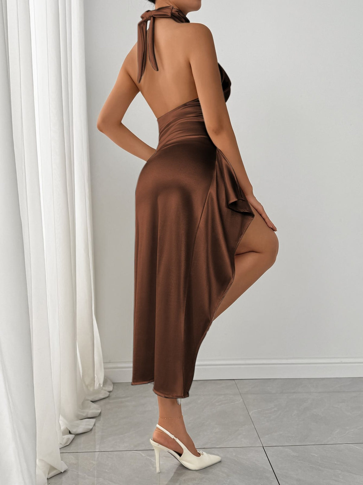 Halter neck high slit satin dress back detail