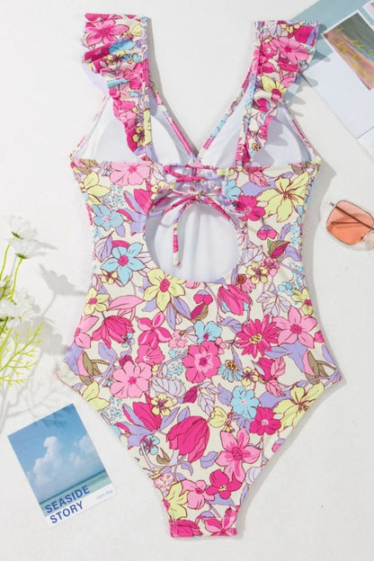 Floral Ruffle Trim Tummy Control One Piece Swimsuit - Fashorio