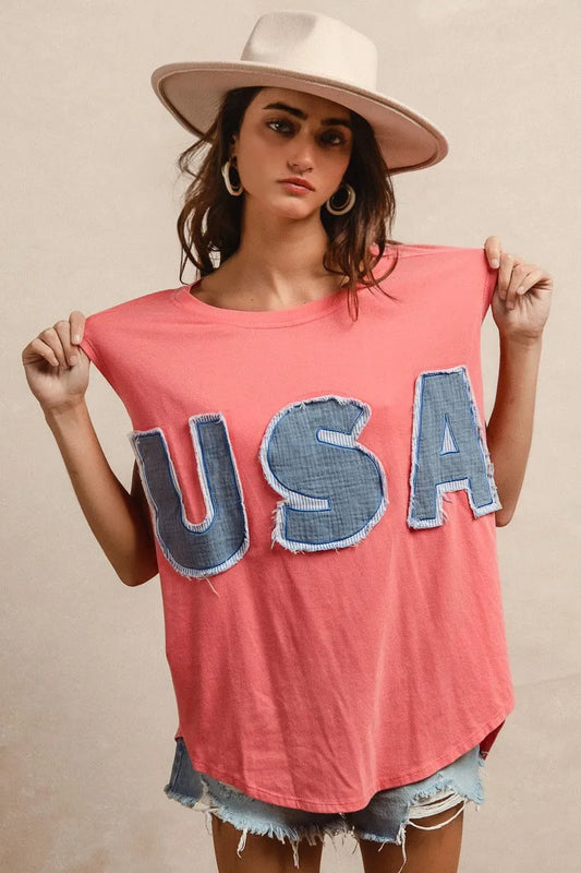 BiBi Washed Jersey With Usa Patched Raw Cut Edge Detail CORAL DENIM - Fashorio