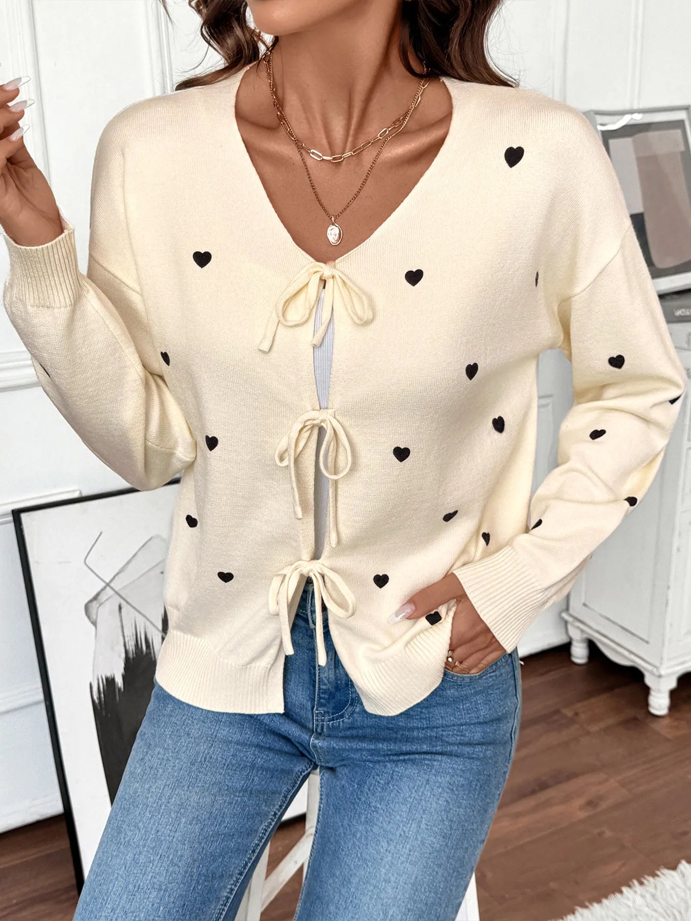 Heart Tie-Front Long Sleeve Cardigan - Fashorio