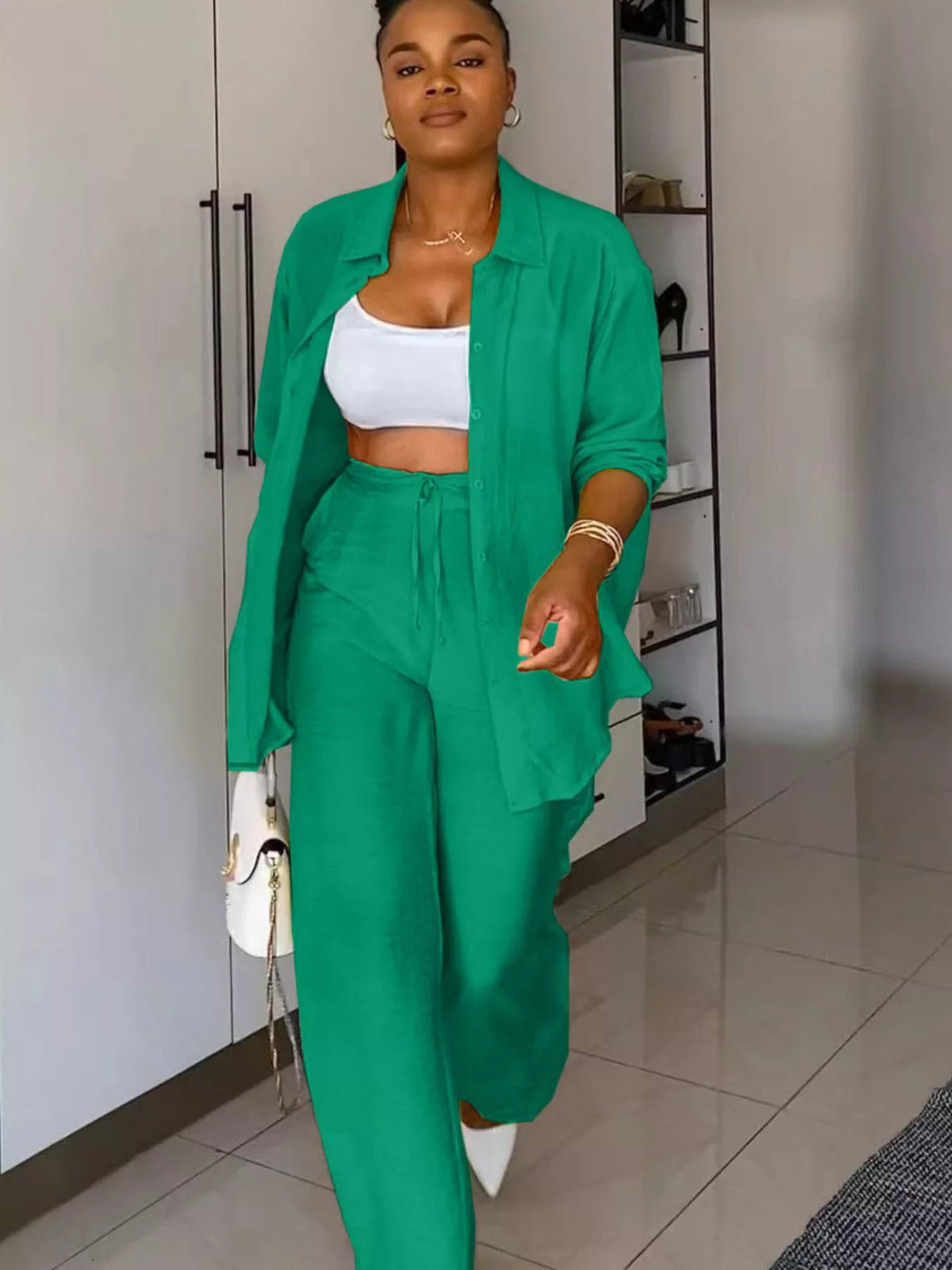 Trendy tie front pants set overview
