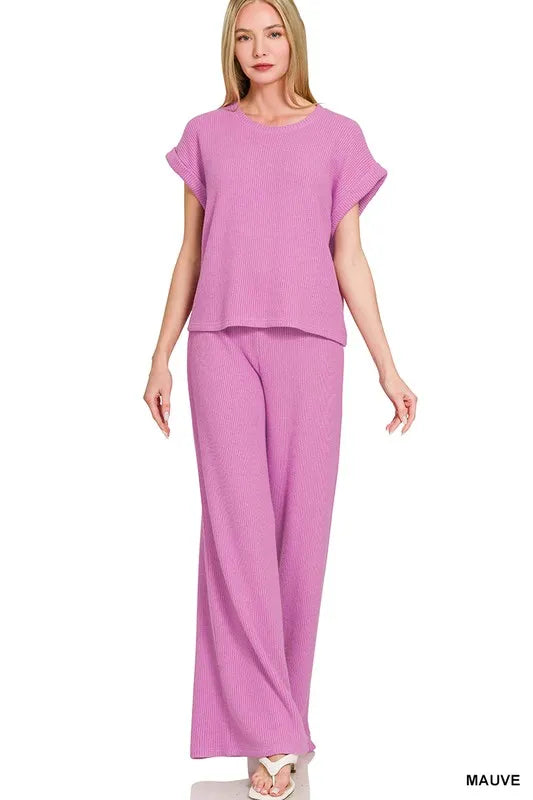 Rolled Sleeve Sweater Top and Pants Set in Mauve view 11