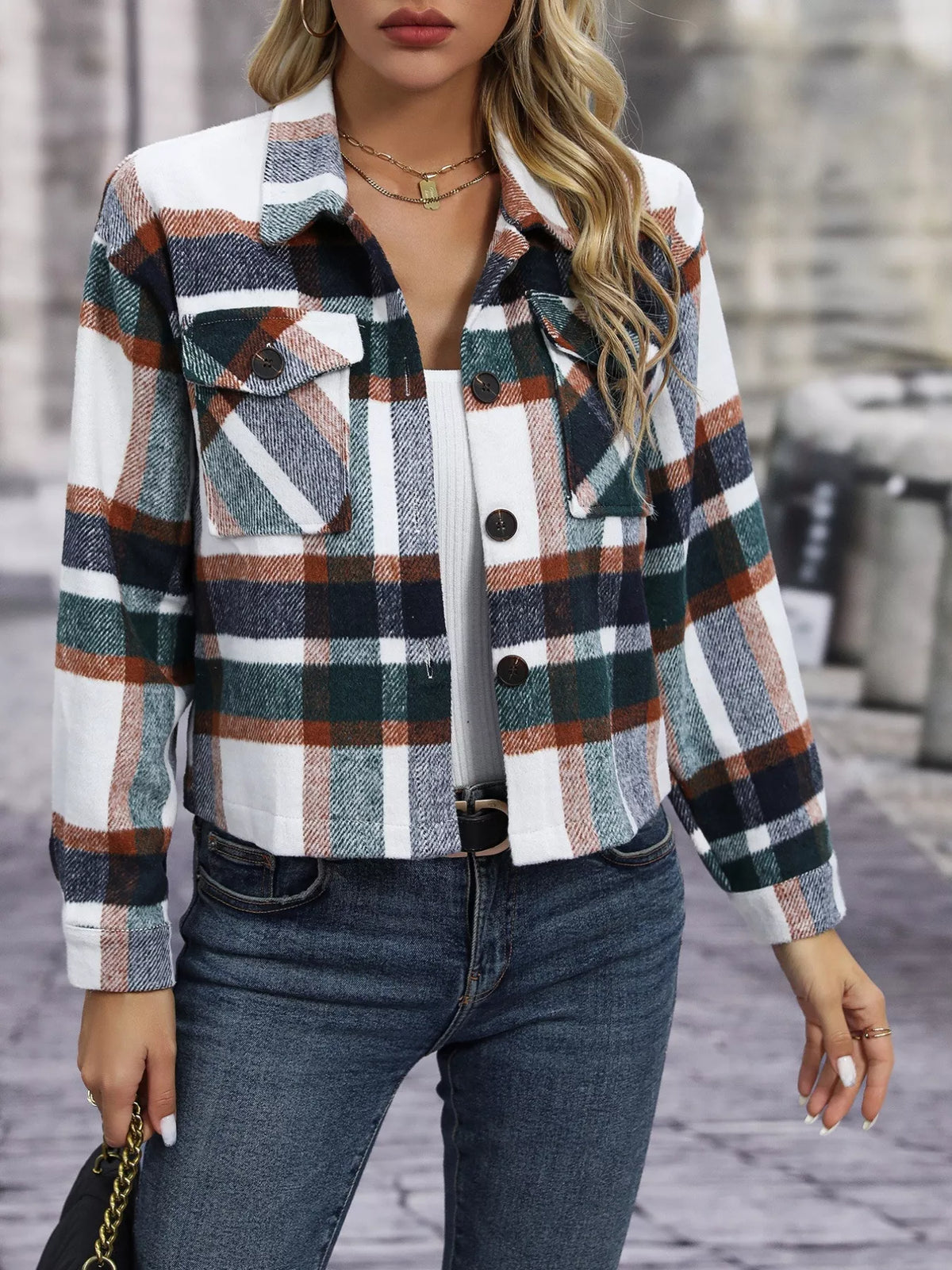 Plaid Oversized Cropped Jacket in Taupe view 10
