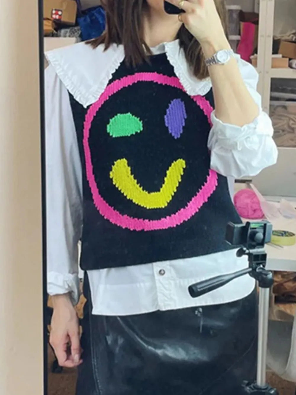 Smiley Face Round Neck Sweater Vest in Mustard close up