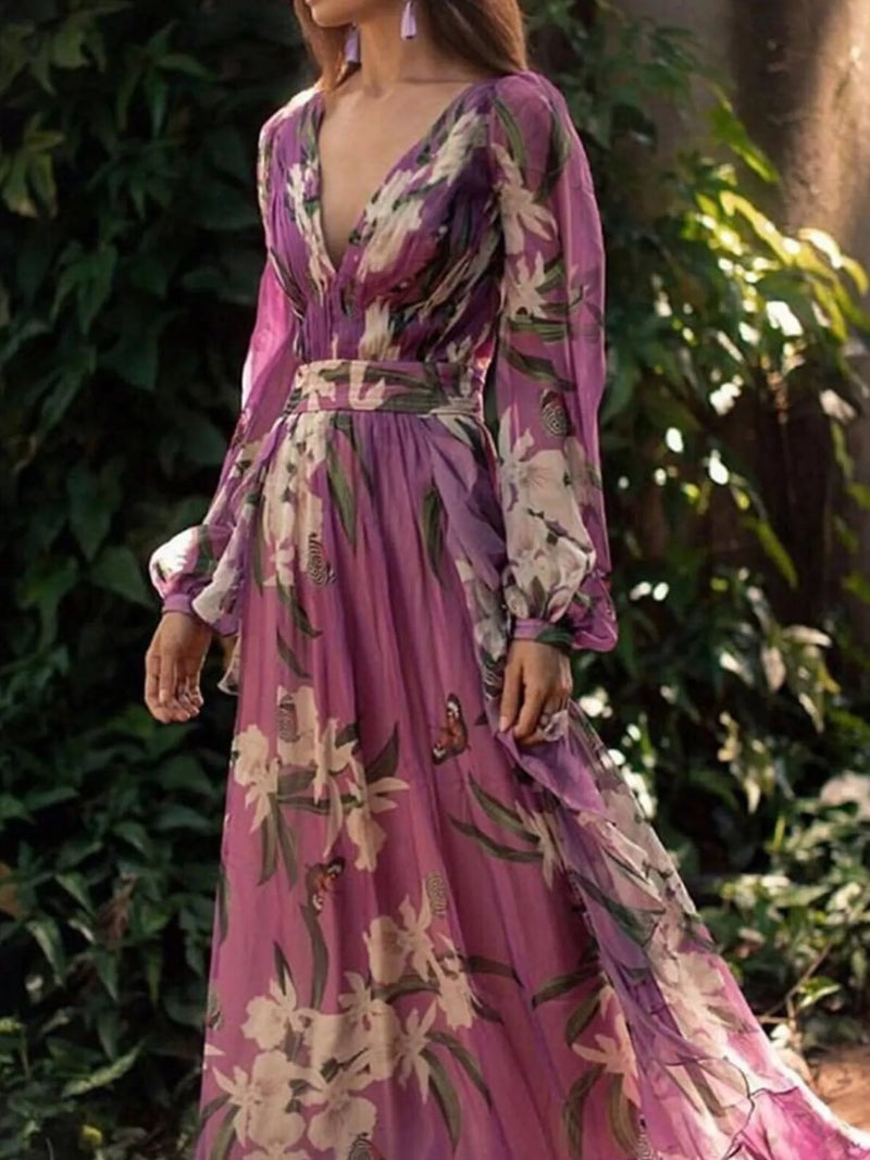 Purple floral print long sleeve split maxi dress, front view