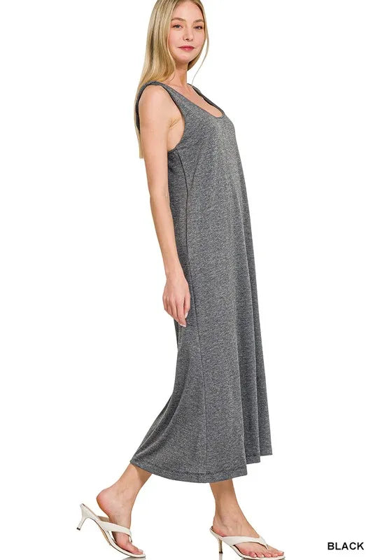 French Terry Twist Strap Midi Dress in Black back view