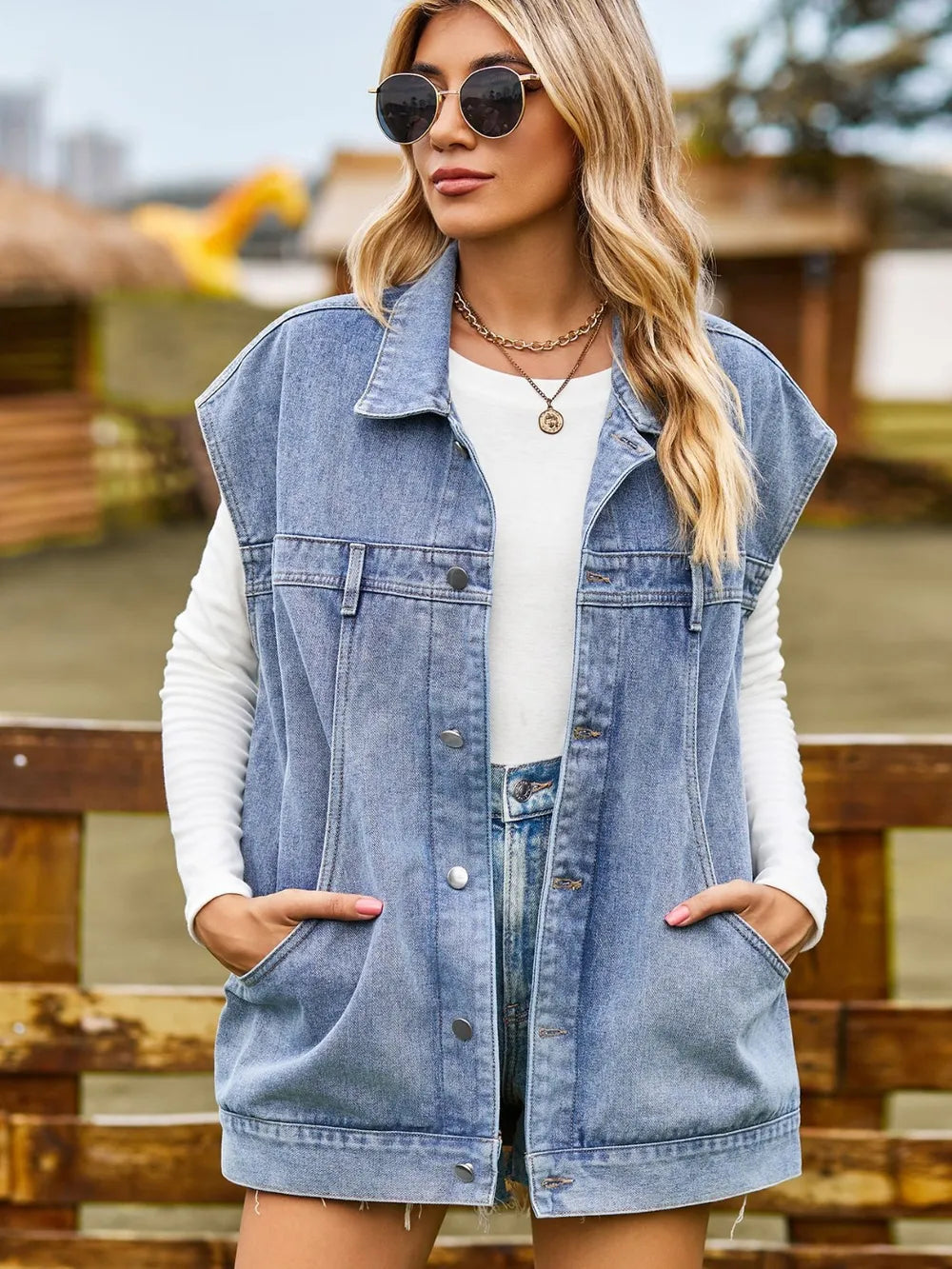 Button Up Collared Neck Sleeveless Denim Jacket - Fashorio