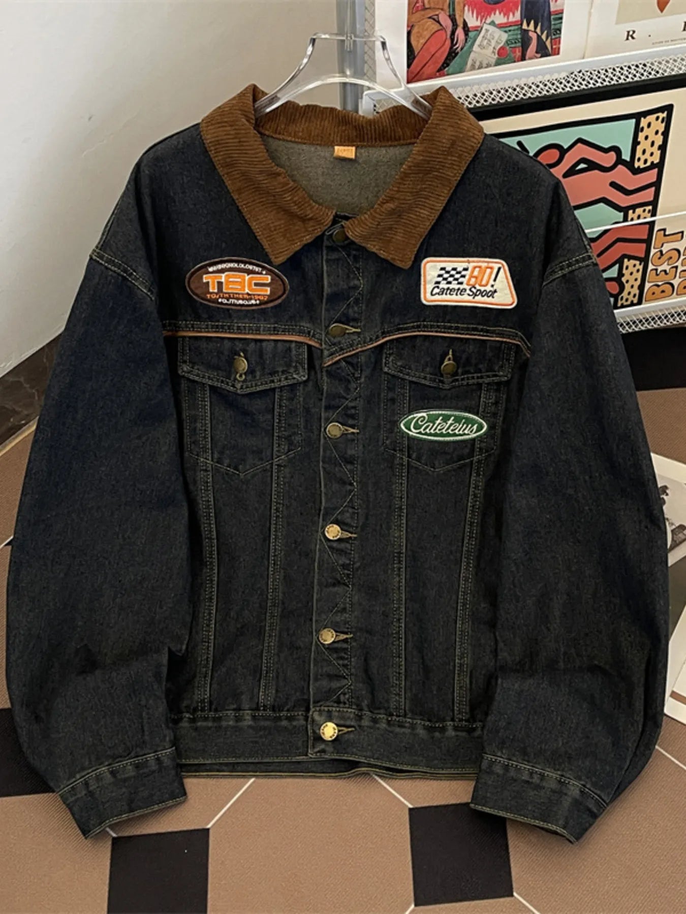 Men's Plus Size Corduroy Collar Button Up Denim Jacket Blue - Fashorio